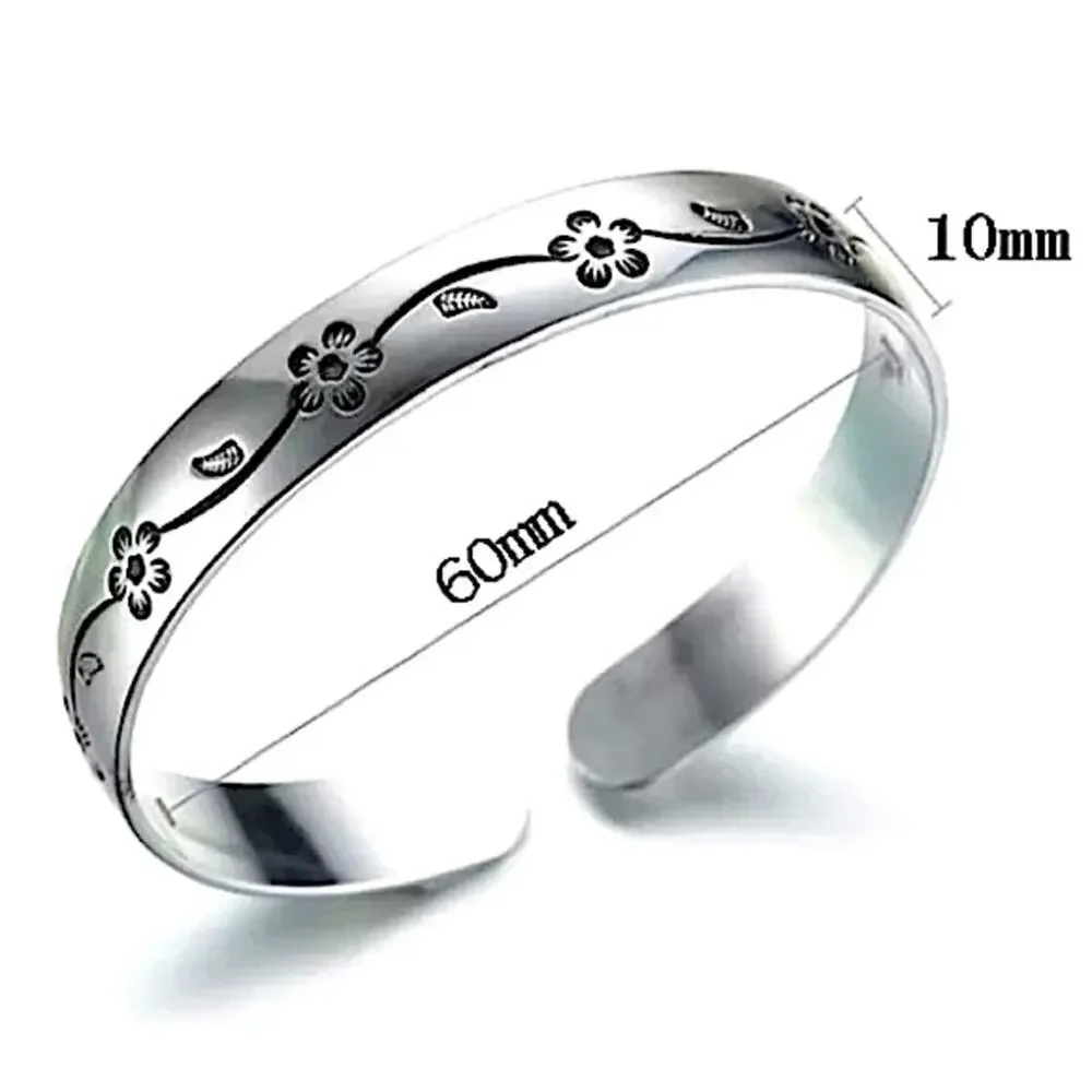 Sterling Silver Flower Bangle Adjustable Cuff Bangle Bracelet - Picture 5 of 5